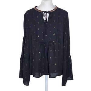 Altar'd State Black and Gold Full Sleeve Boho Blouse Size XS Black Sheer Blouse